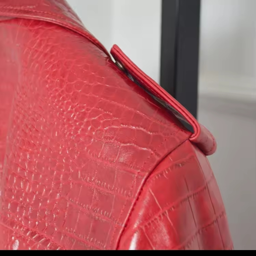Red Croc-Embossed Leather Jacket - image 7